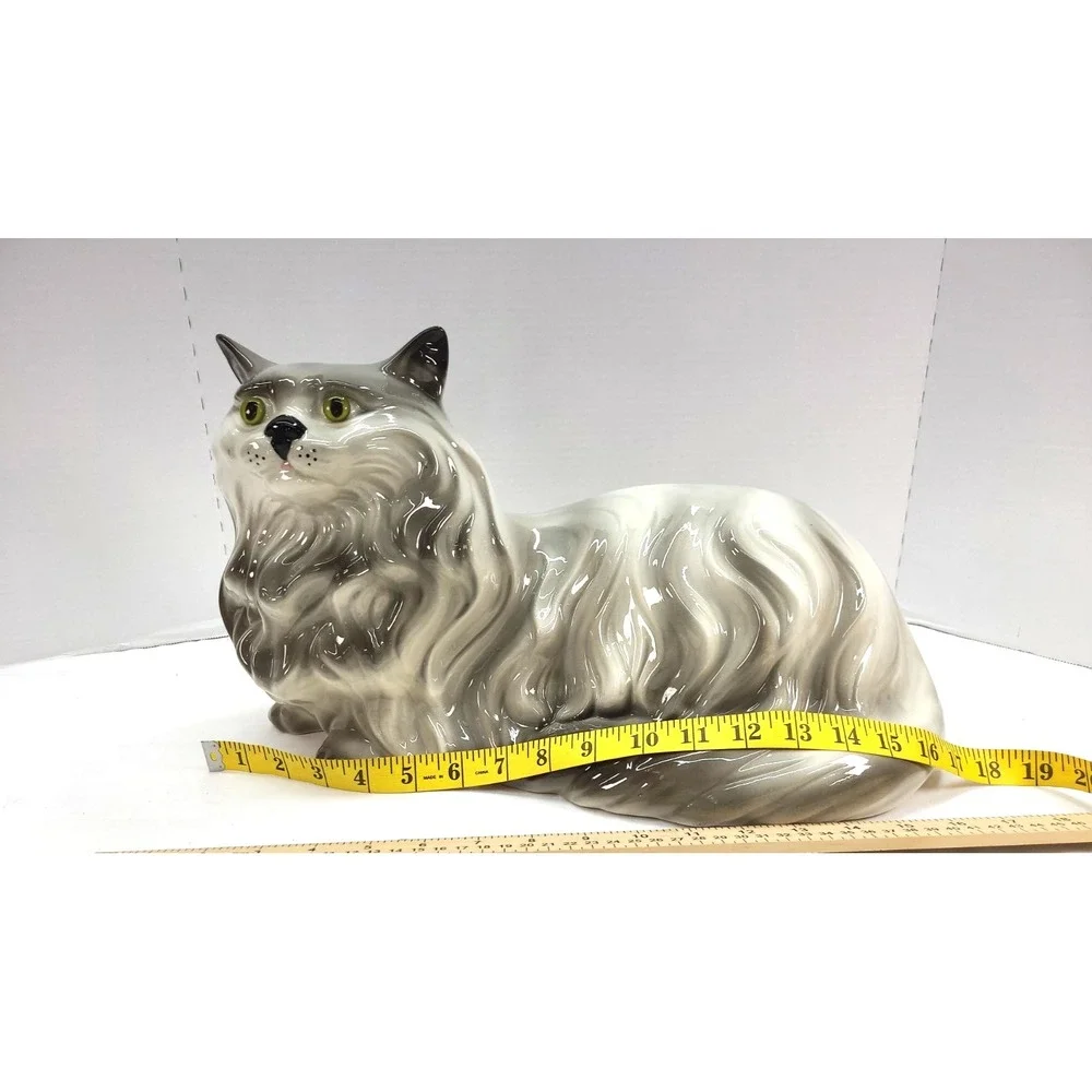 Vintage Large Ceramic Cat Grey Persian MCM Glossy Glaze Finish 17